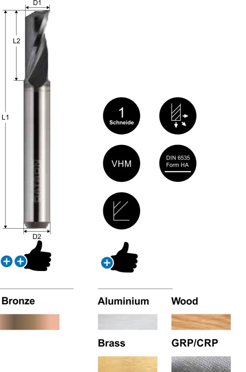 1-skärig fräs med beläggning - coating (ALCRONA) som passar mycket bra för bearbetning i Brons. Kan också användas till Aluminium, Trä, Plast, Mässing och GRP/CRP